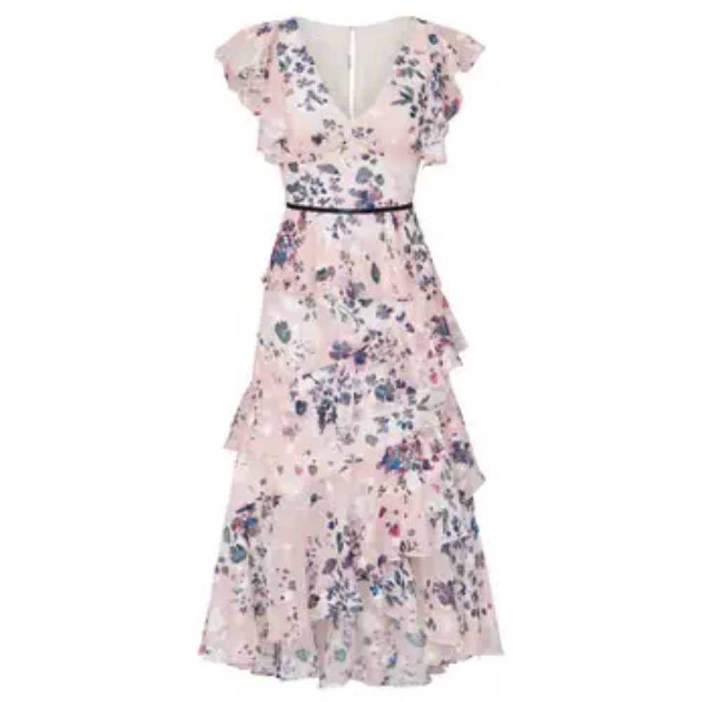 Marchesa Notte Pink Floral Flutter Dress